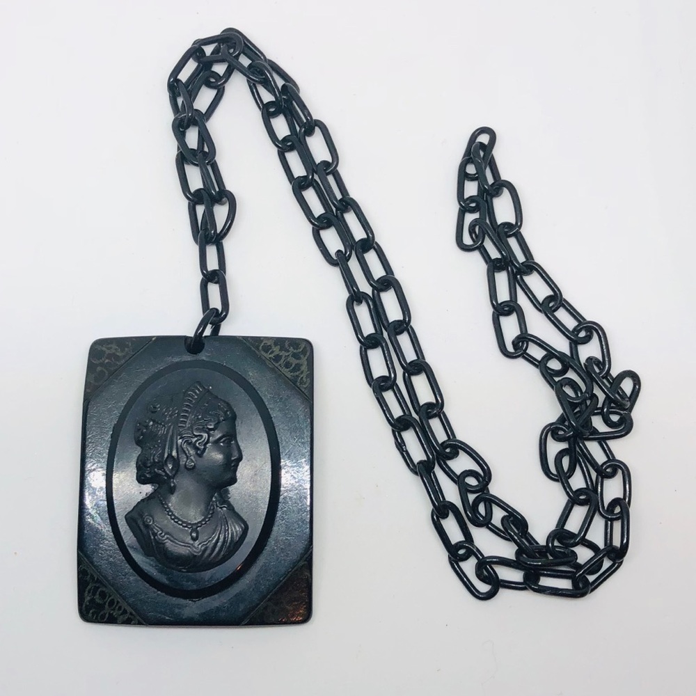 Vintage Black Bakelite Mourning Cameo Necklace